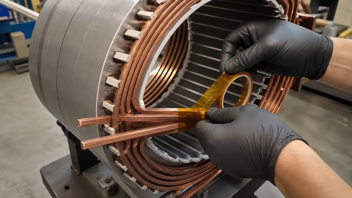 Gloved motor technician wrapping amber polyimide tape around copper hairpin winding joints on a stator